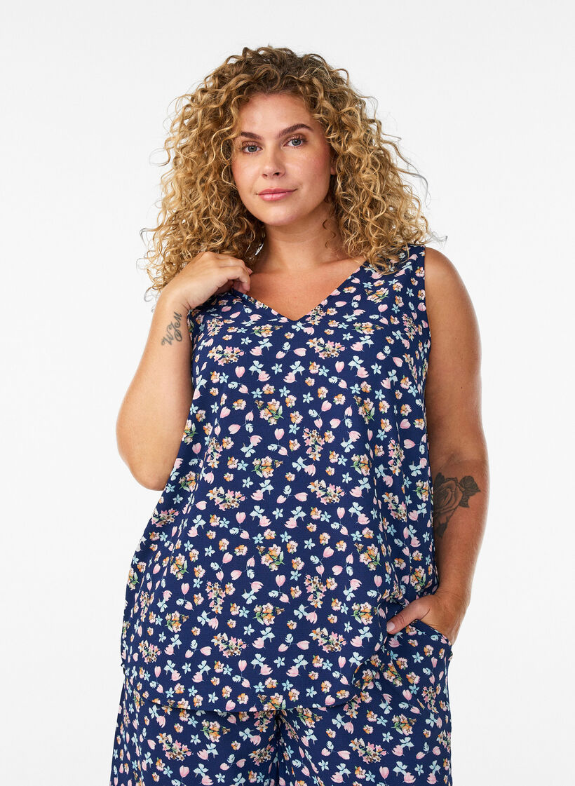 Bedrucktes Oberteil mit V-Ausschnitt, Blau, Model image number 0