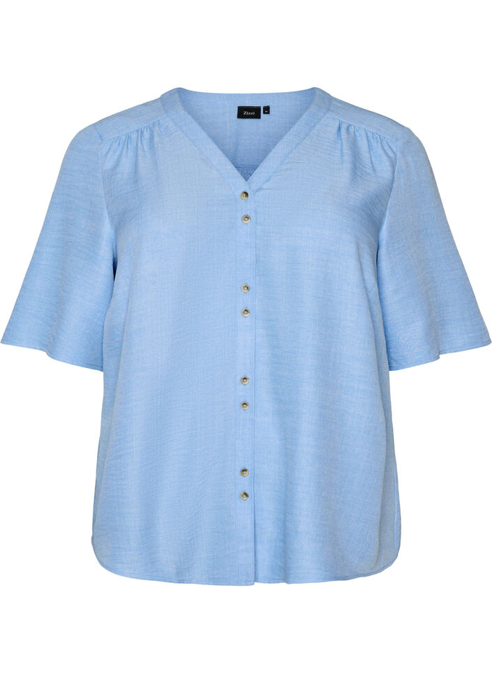Hemdbluse mit V-Ausschnitt und kurzen &Auml;rmeln, Blau, Packshot image number 0