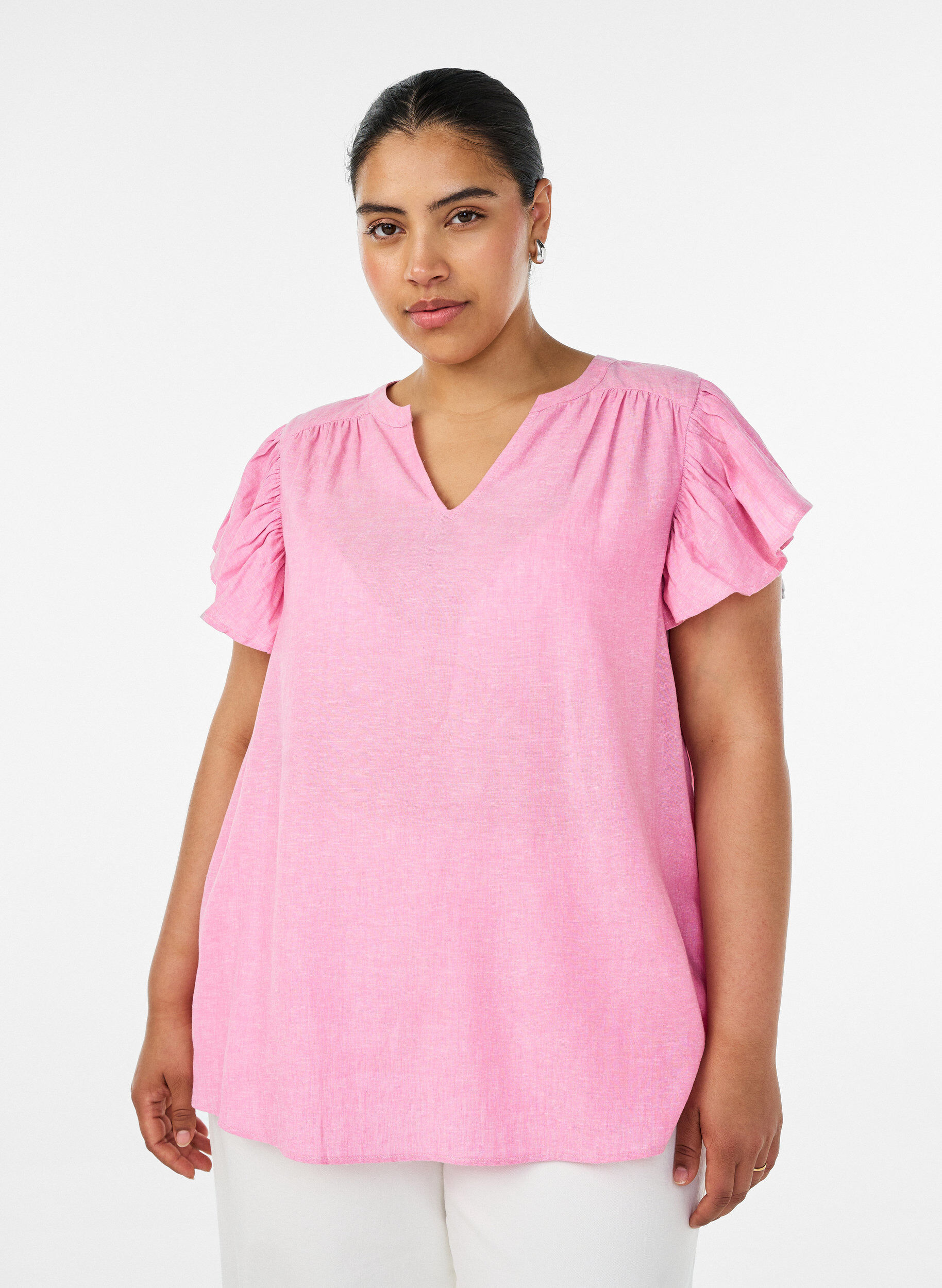 ZizziBluse aus Viskose und Leinen mit R&uuml;schen&auml;rmeln, Pink, Model image number 0