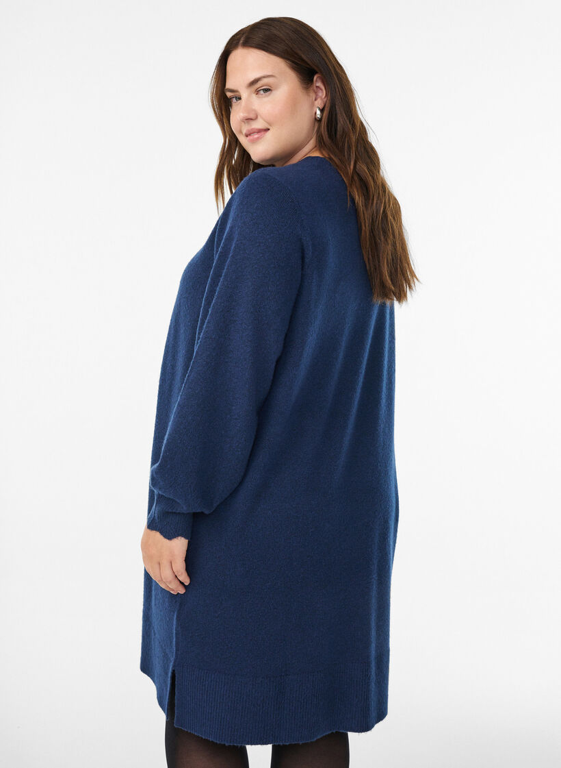 Robe courte en maille avec ourlet ondulé et fentes, Bleu, Model image number 2