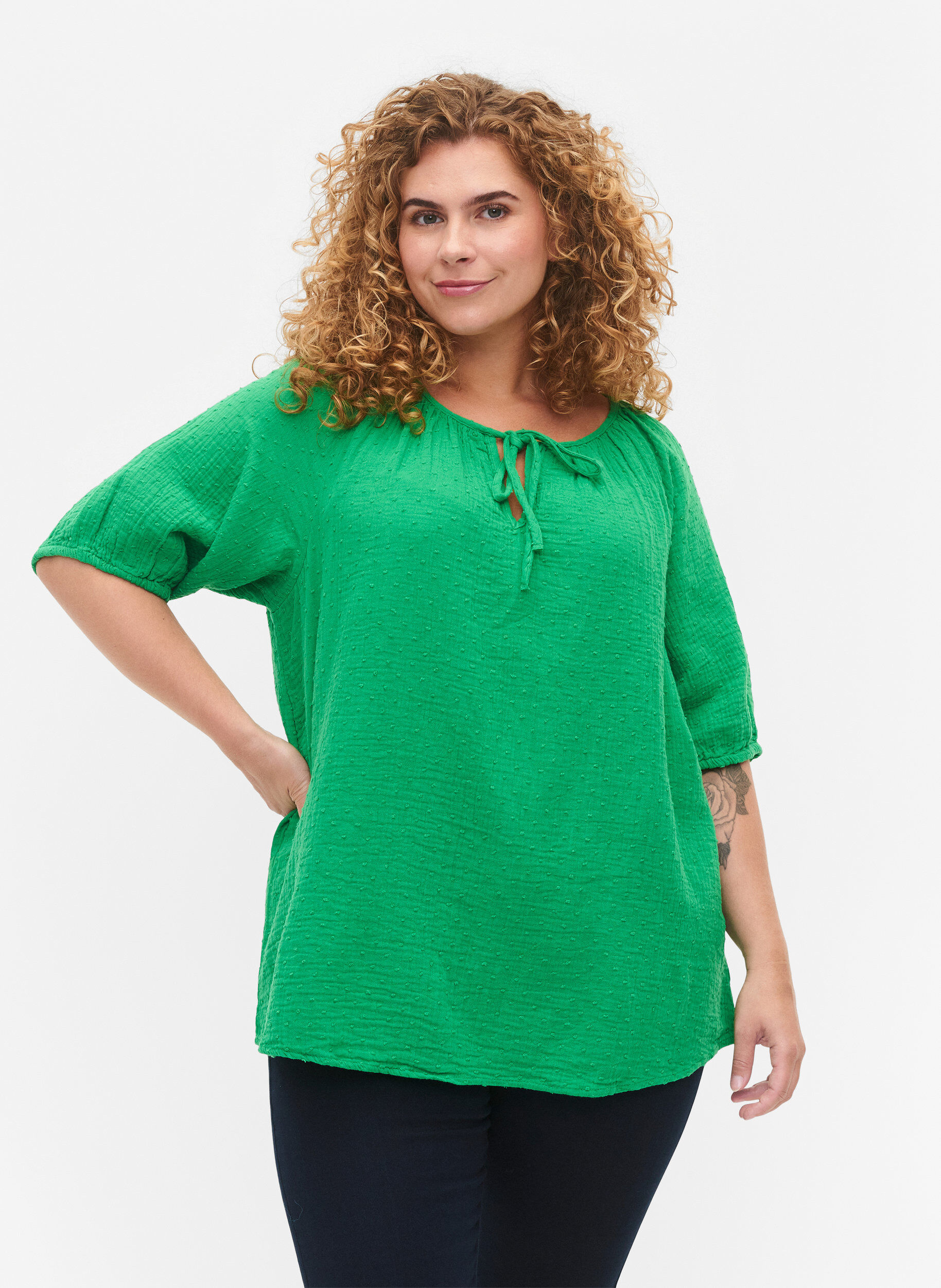 Zizzi Blouse en coton &agrave; manches mi-longues, Bright Green, Model image number 0