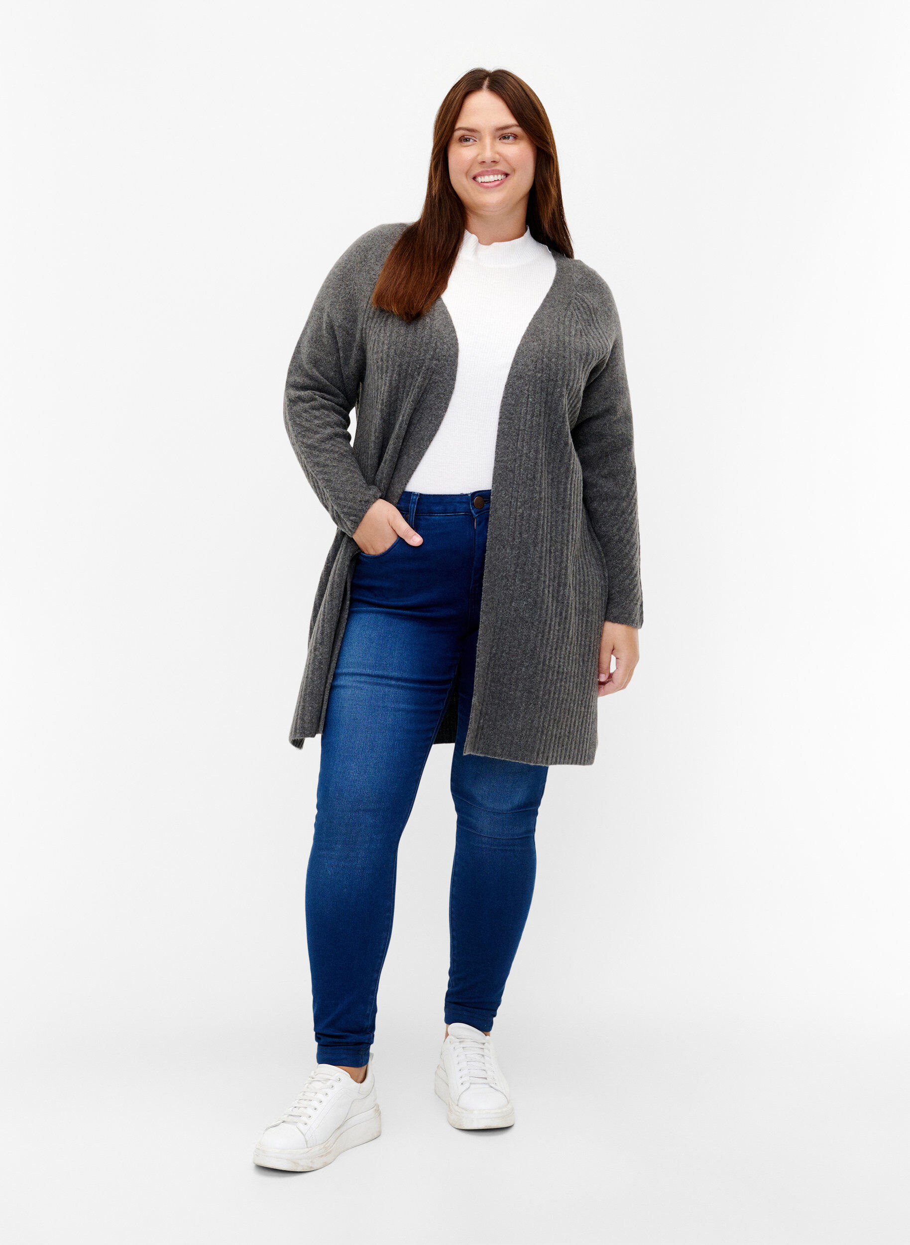 Zizzi Lange Strickjacke aus Rippenstrick, Dark Grey Melange, Model image number 2