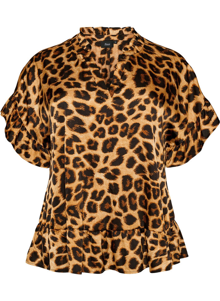 Bluse mit Leopardenmuster und R&uuml;schendetails, Braun, Packshot image number 0