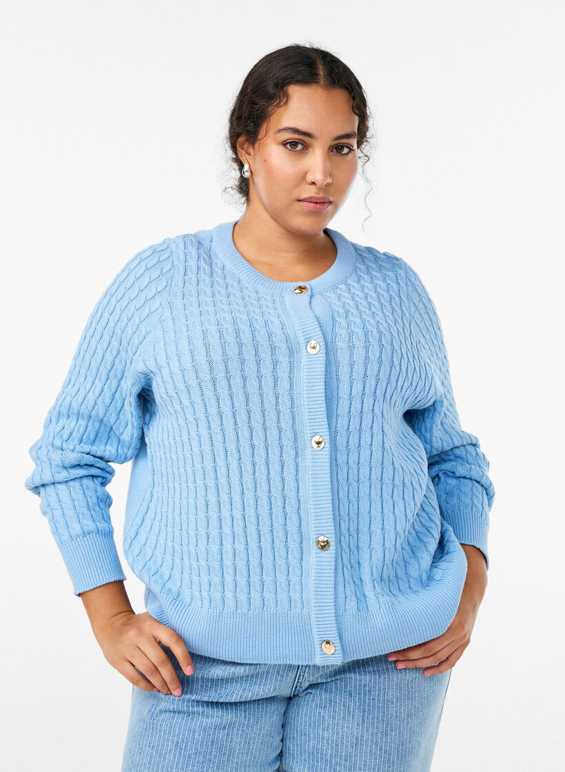 Cardigan en maille torsad&eacute;e avec boutons dor&eacute;s, Bleu, Model image number 0