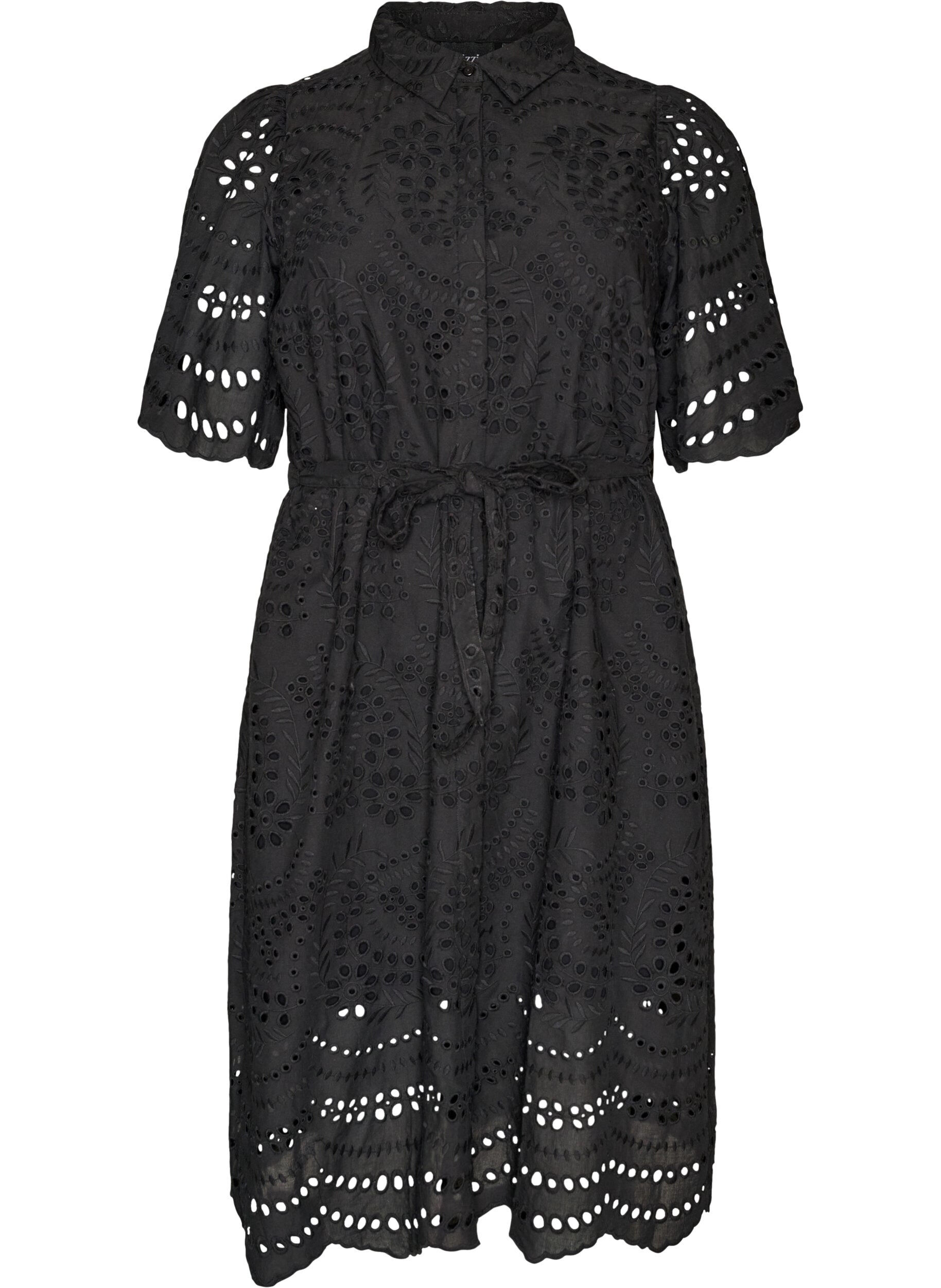 Hemdblusenkleid aus Broderie Anglaise mit Bindeg&uuml;rtel