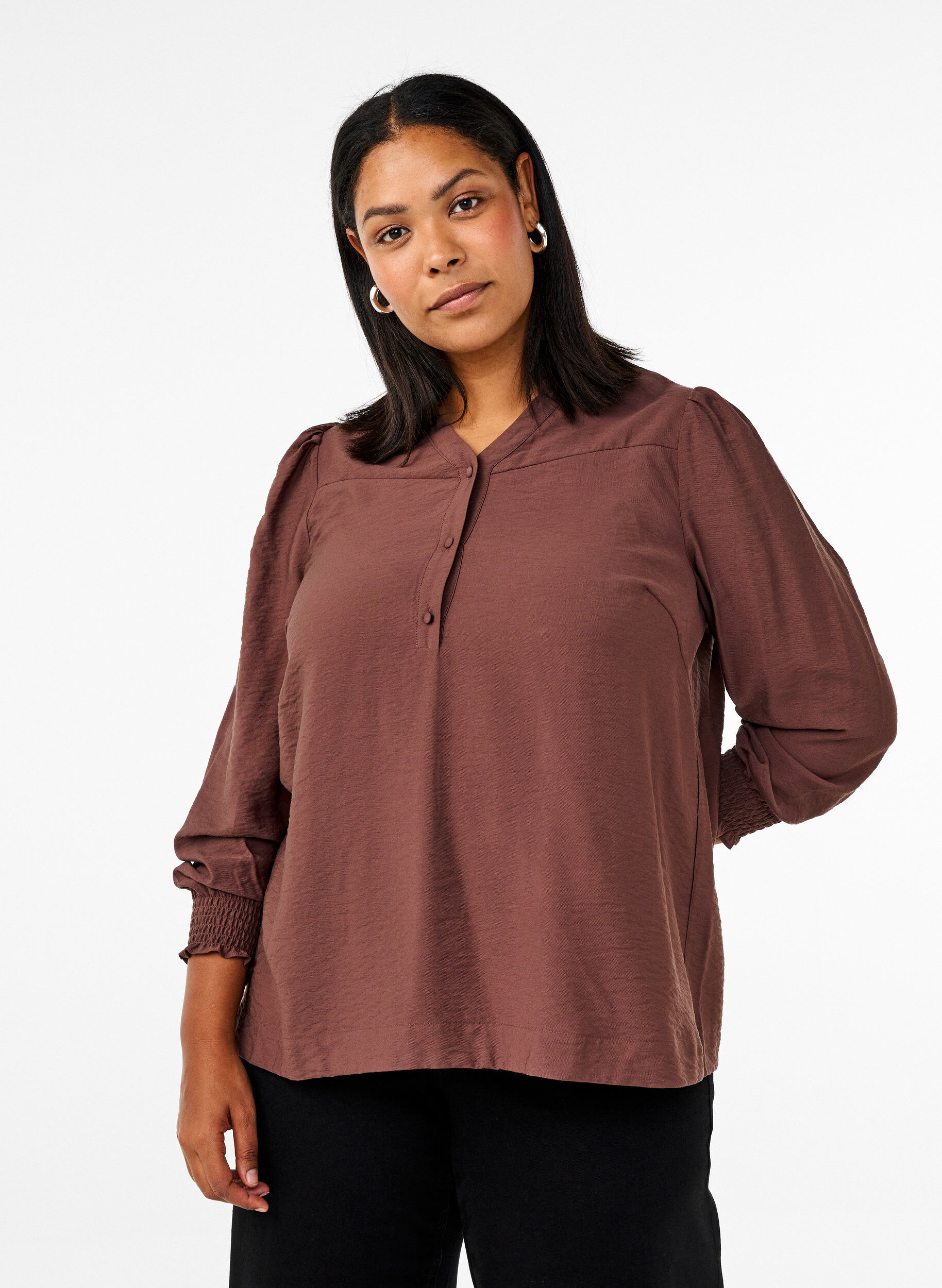 Zizzi Bluse mit R&uuml;schenkragen, Braun, Model image number 0