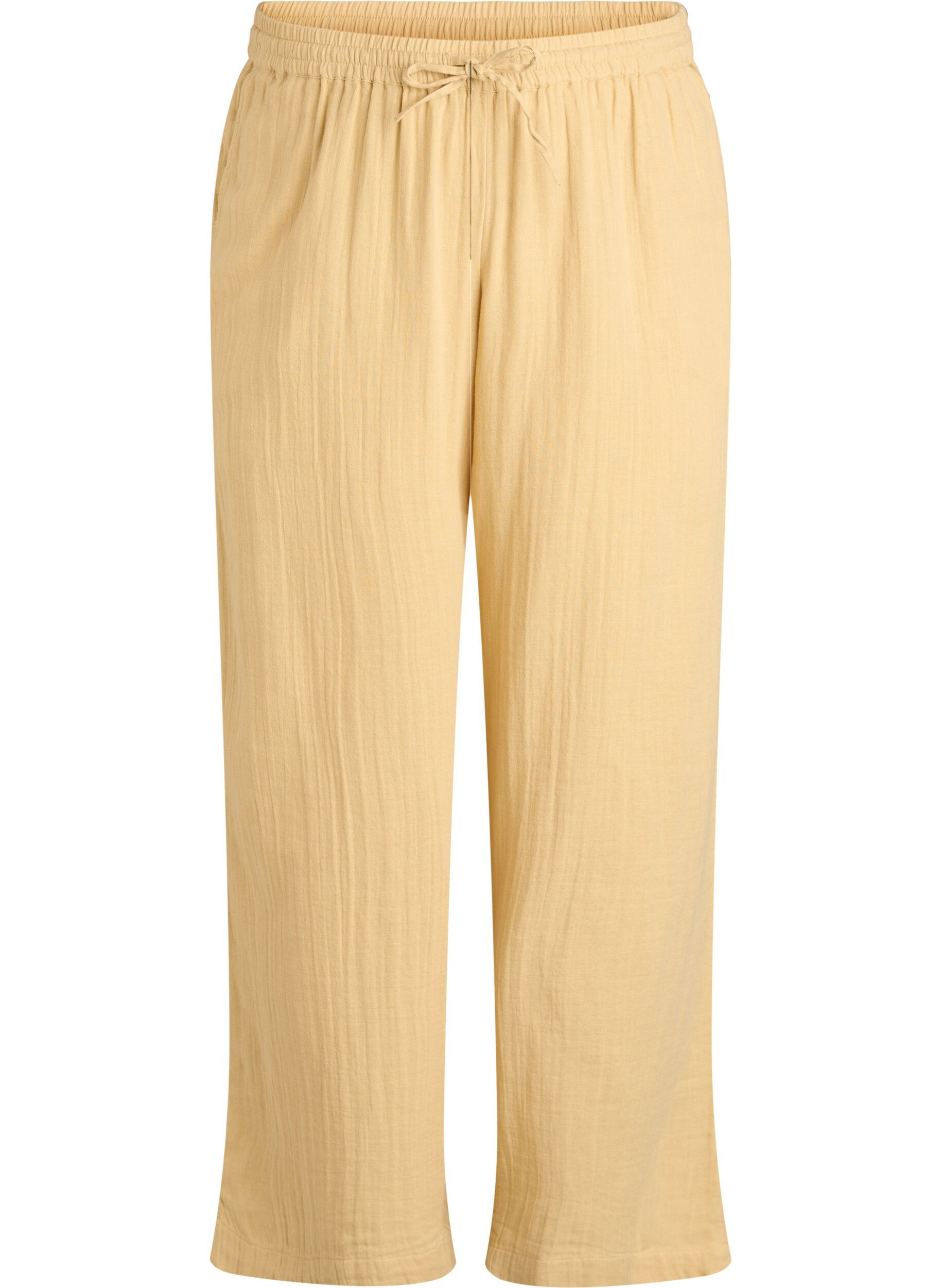 Zizzi Pantalon taille haute en mousseline de coton &agrave; coupe ample, Jaune clair, Packshot image number 0