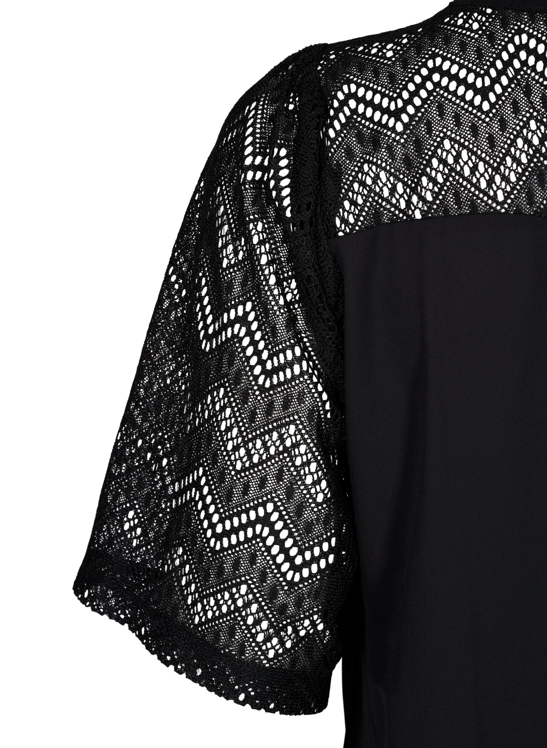 Zizzi  Hemdbluse mit kurzen Spitzen&auml;rmeln, Black, Packshot image number 3