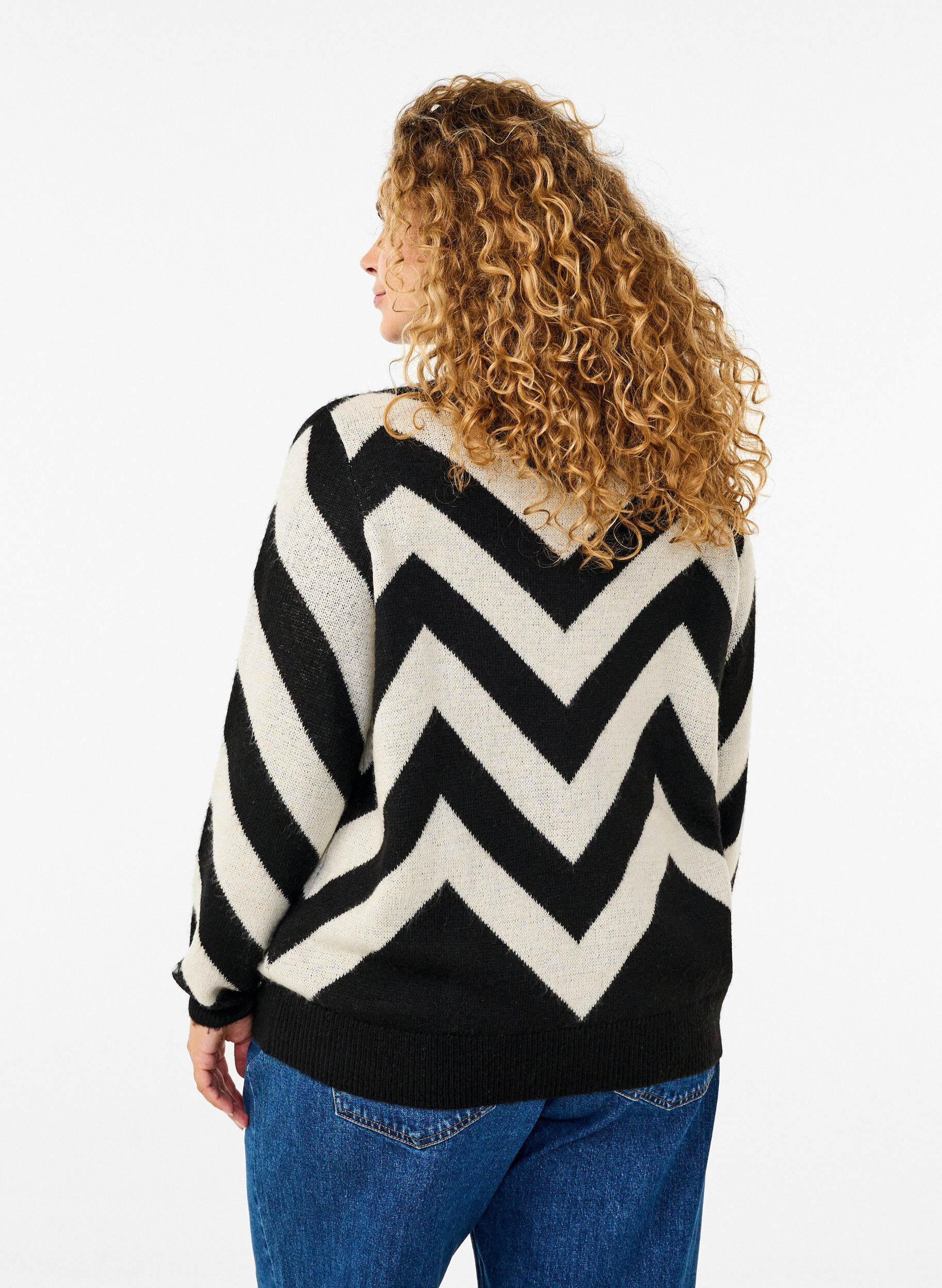 Zizzi Hochgeschlossener Strickpullover mit Rei&szlig;verschluss, Black Birch Stripe, Model image number 1
