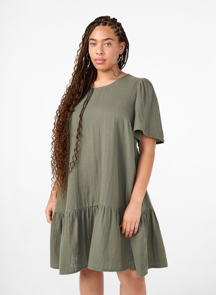 Kurz&auml;rmliges Kleid aus Baumwolle mit A-Linien-Schnitt, Gr&uuml;n, Model image number 0