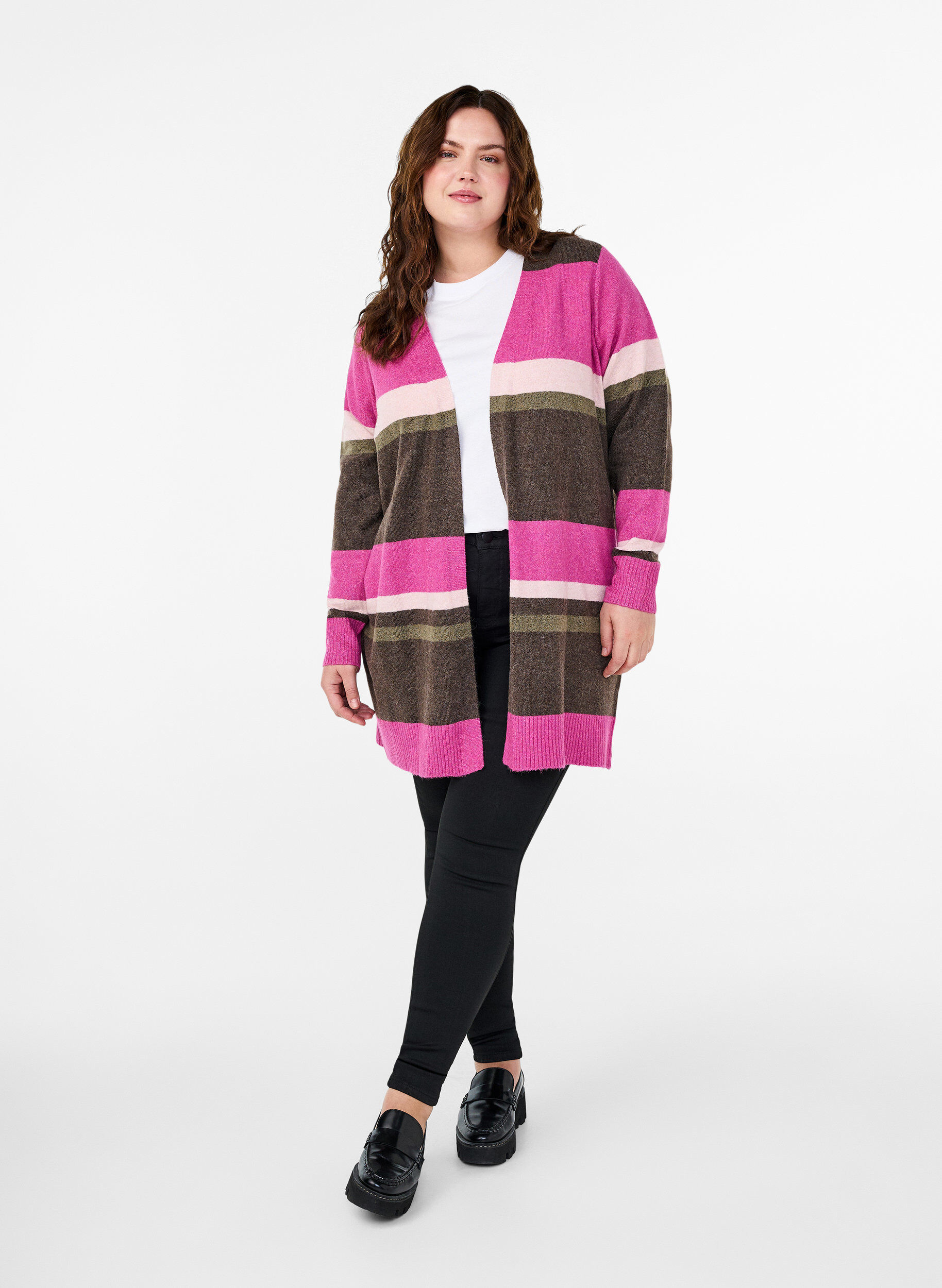 Zizzi Lange Strickjacke mit breiten Streifen, Pink, Model image number 1