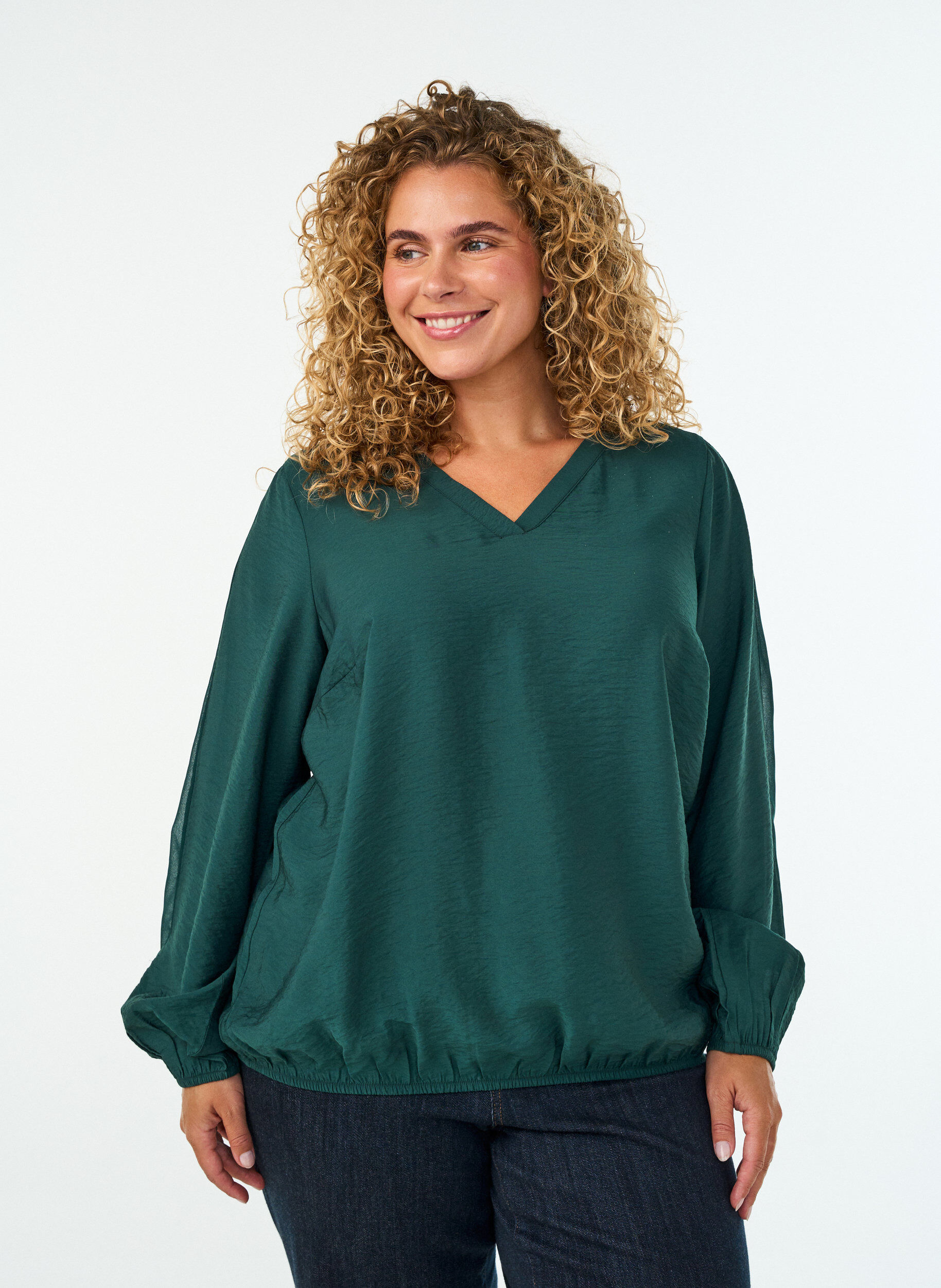 Bluse mit Balloneffekt und Chiffondetails, Gr&uuml;n, Model