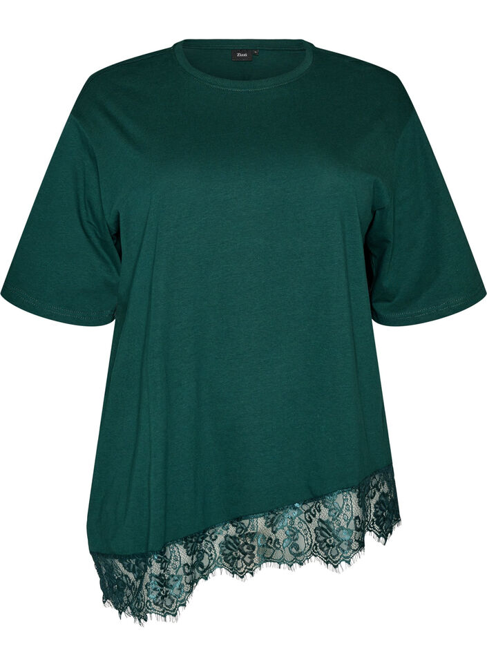 T-shirt avec ourlet asym&eacute;trique en dentelle, Vert fonc&eacute;, Packshot image number 0