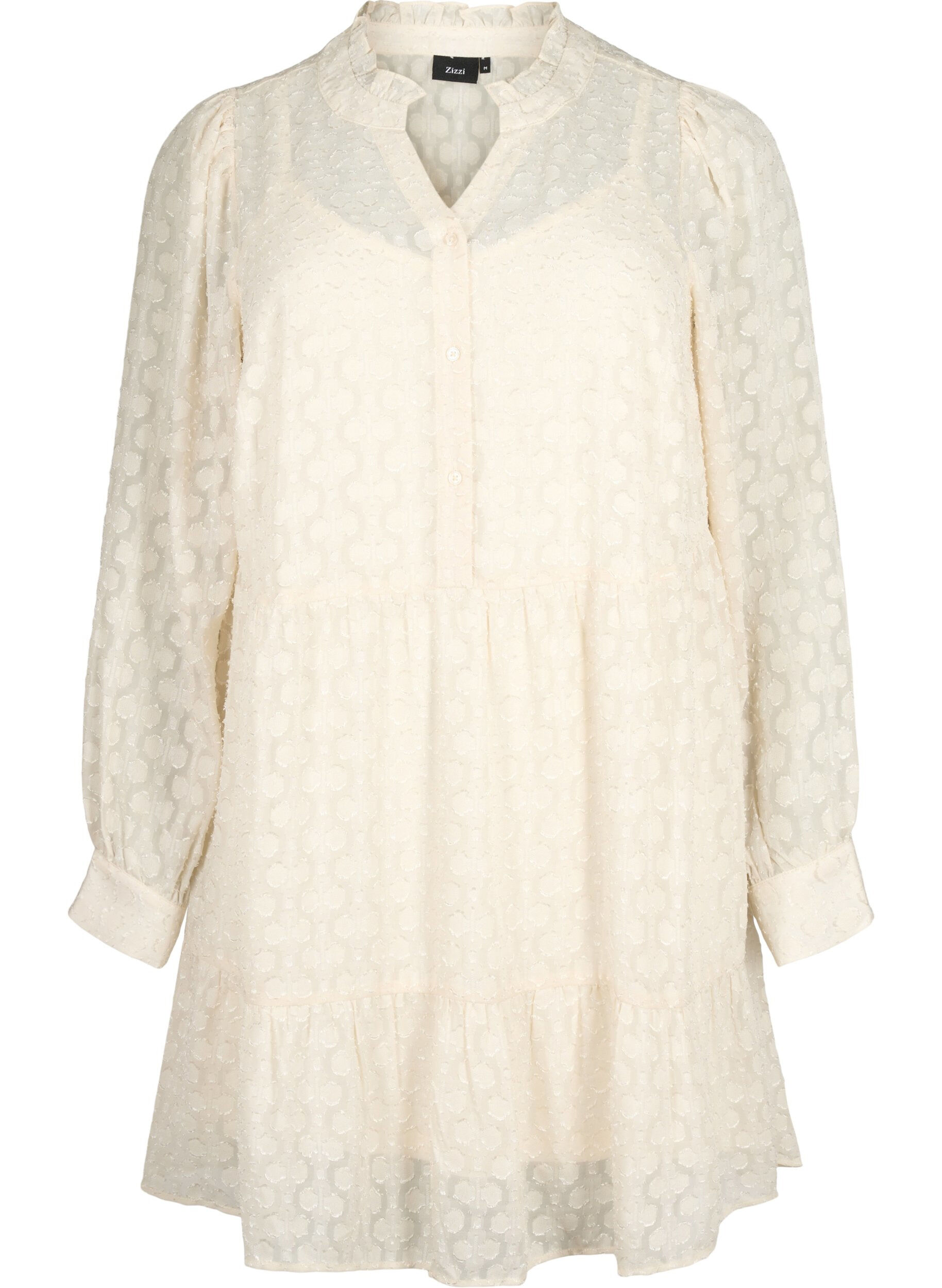 Zizzi Robe en jacquard avec col &agrave; volants, Birch, Packshot image number 0