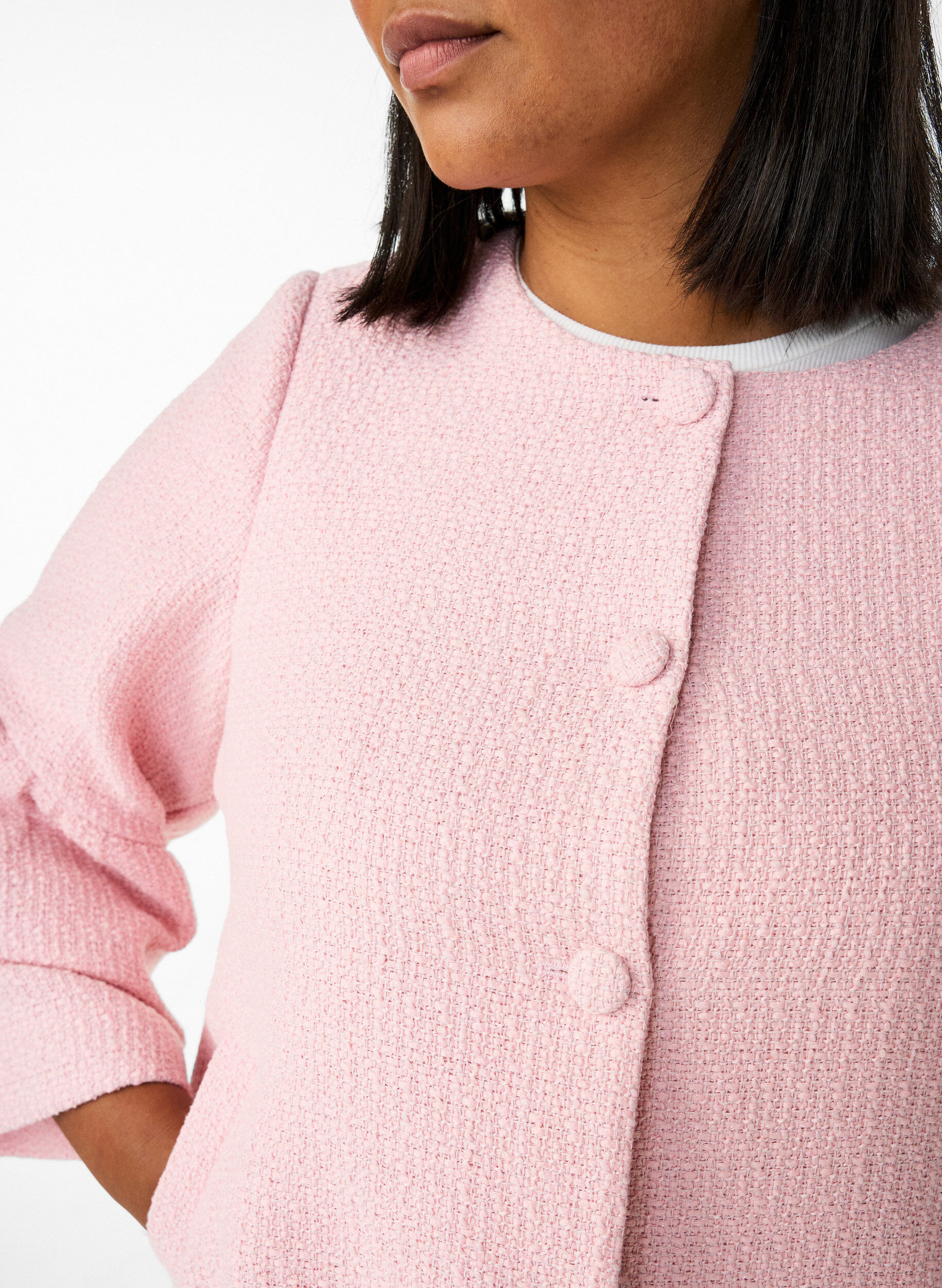 Zizzi Jacke aus Boucl&eacute; mit R&uuml;schendetails, Pink, Model image number 4