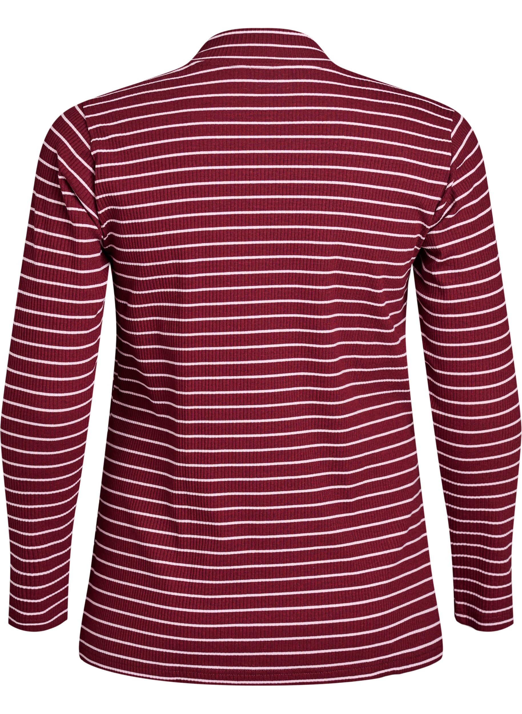 Zizzi Gestreifte Rippstrickbluse mit Stehkragen, Dunkles Bordeaux, Packshot image number 1