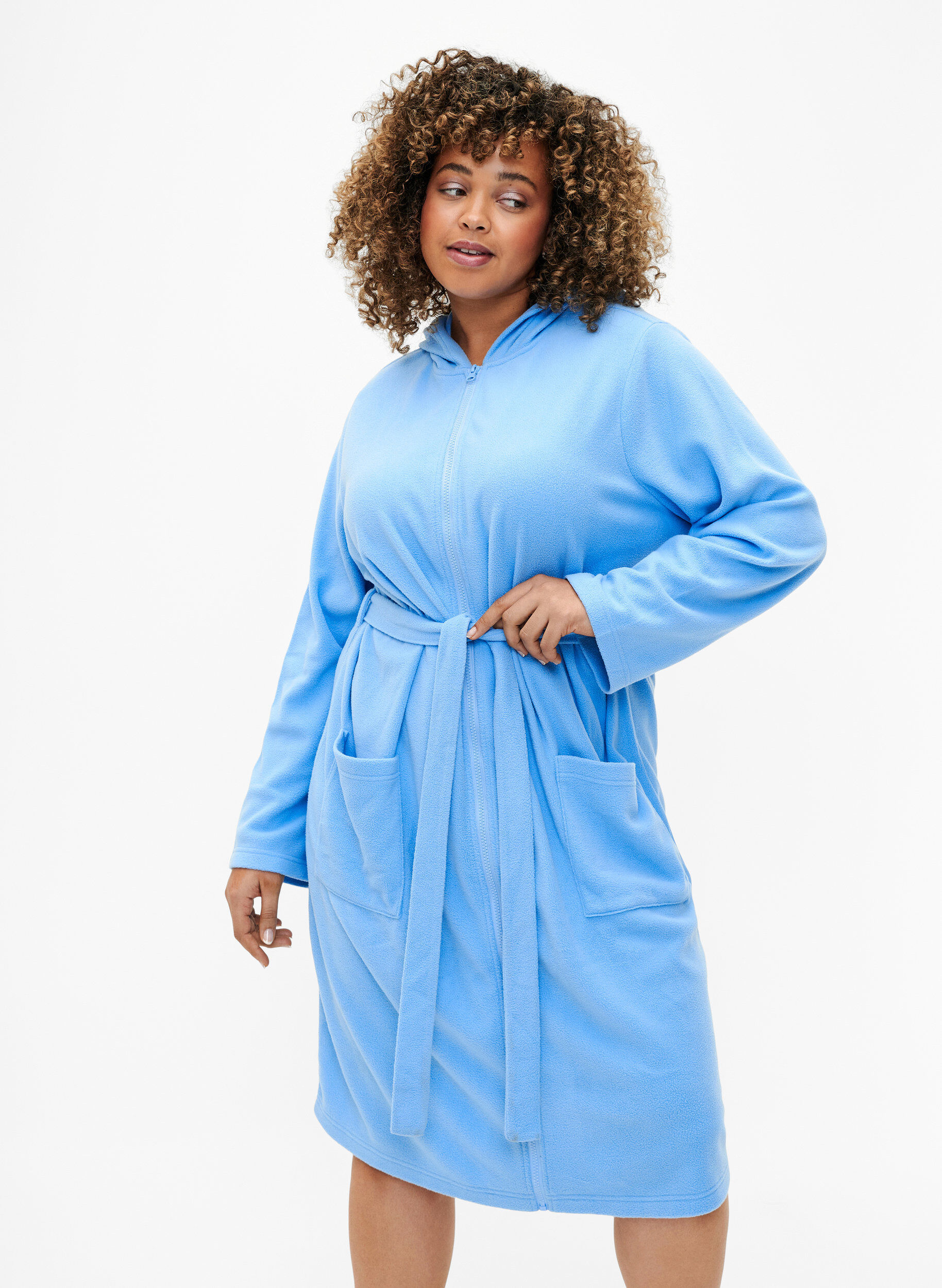 Zizzi Robe de chambre avec fermeture &eacute;clair et capuche, Bleu Clair, Model image number 0