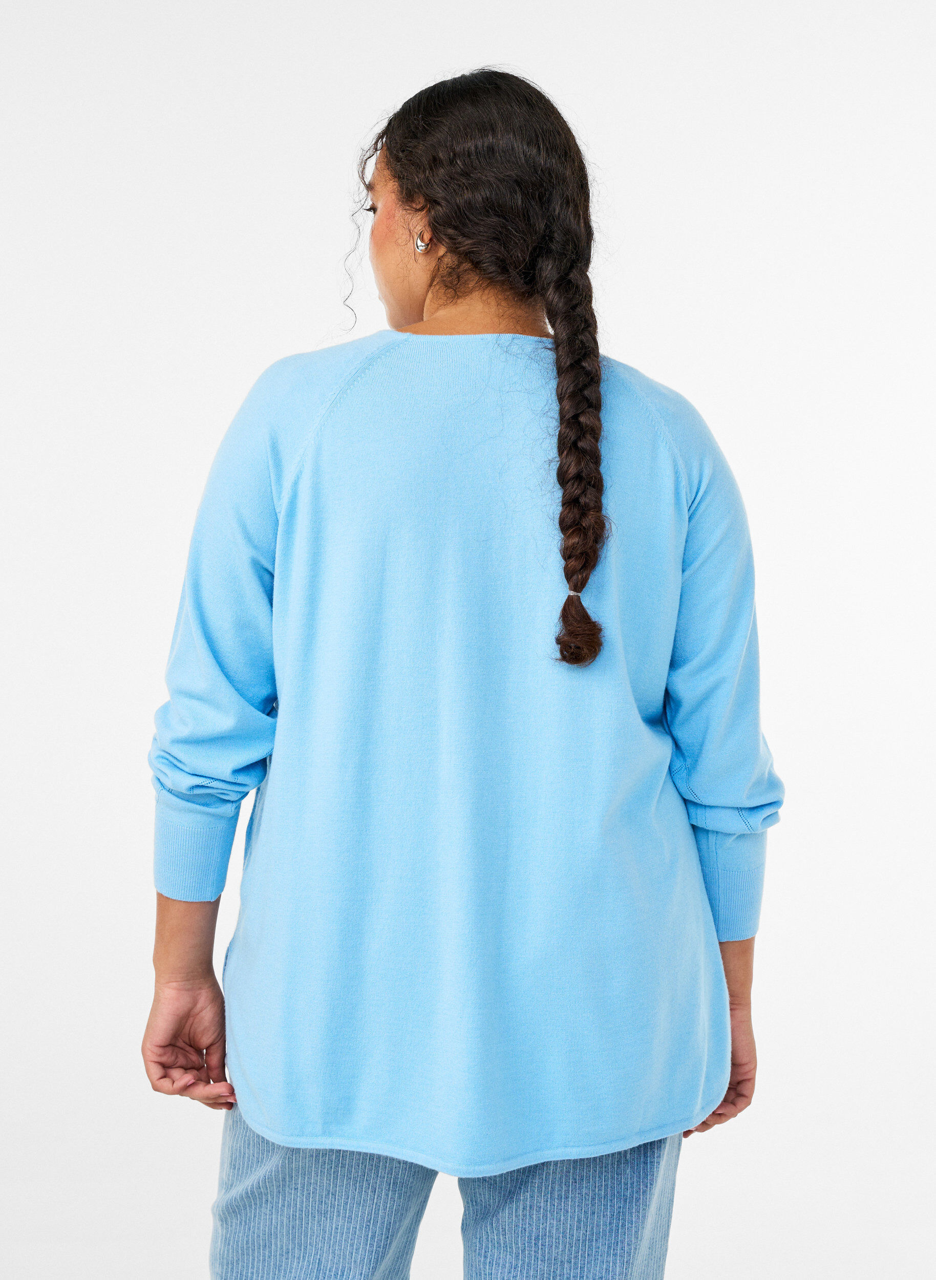 Zizzi Strickbluse mit Rundhalsausschnitt und Strickmuster, Blau, Model image number 2