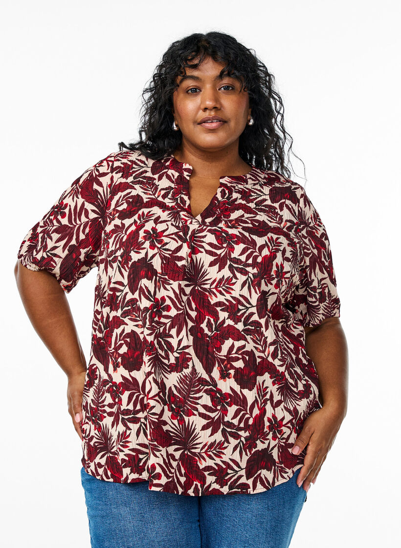 Geblümte Bluse mit kurzen Ärmeln, Rot, Model image number 0