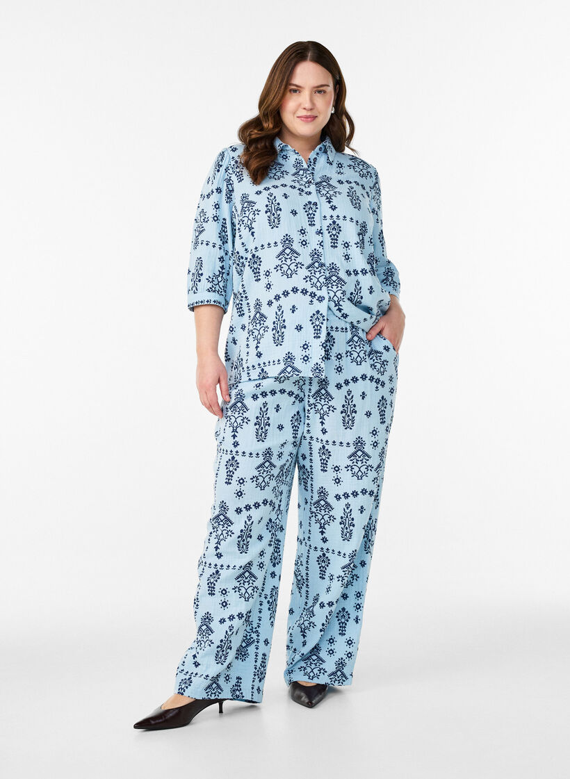 Pantalon ample en mousseline de coton &agrave; pois, Bleu Clair, Model image number 0