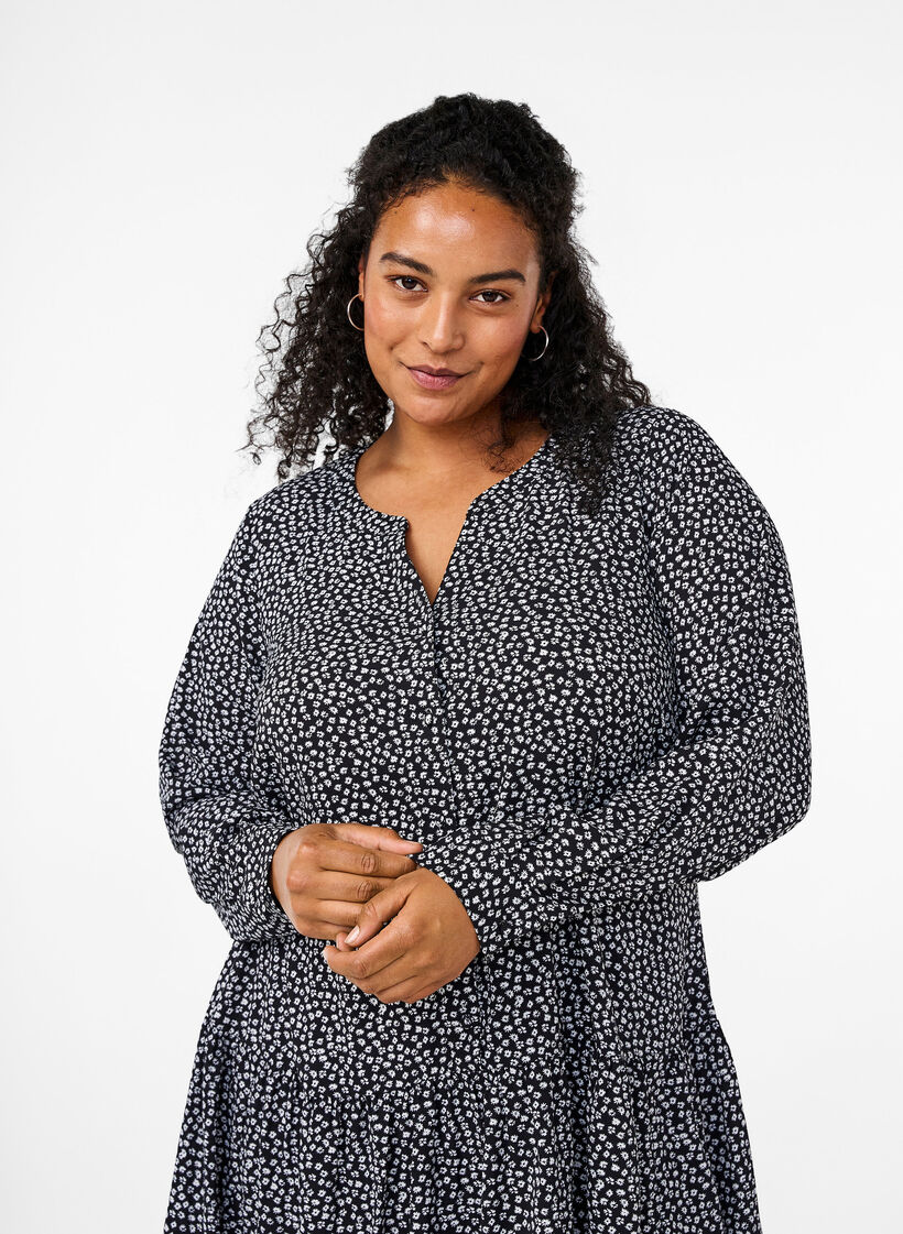 Midi-Kleid mit langen Ärmeln, Black Small Flower, Model image number 2