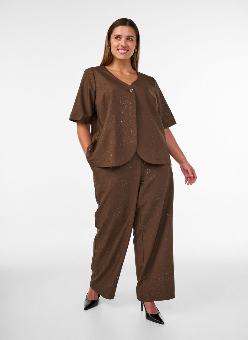 Blouse avec paillettes et col en V, Marron, Model image number 1