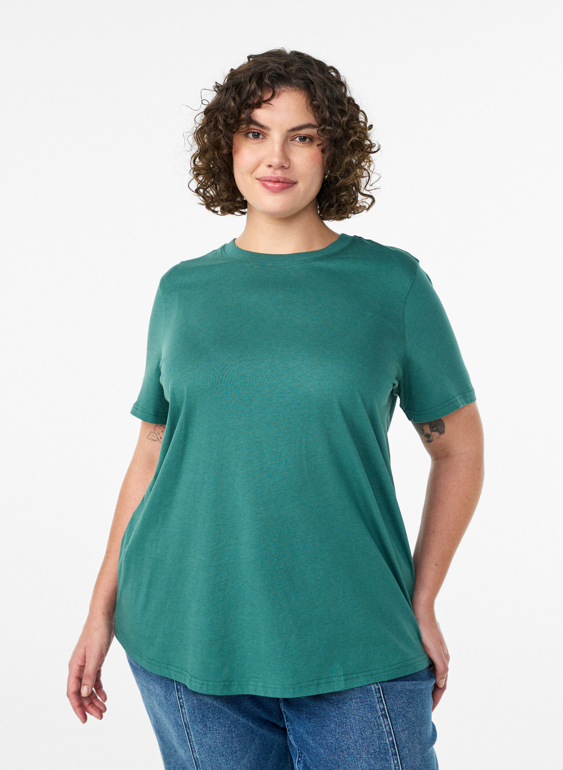 T-shirt basique en coton &agrave; col rond, Vert, Model