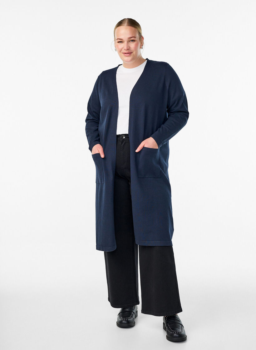 Lange, offene Strickjacke mit Taschen, Blau, Model image number 0