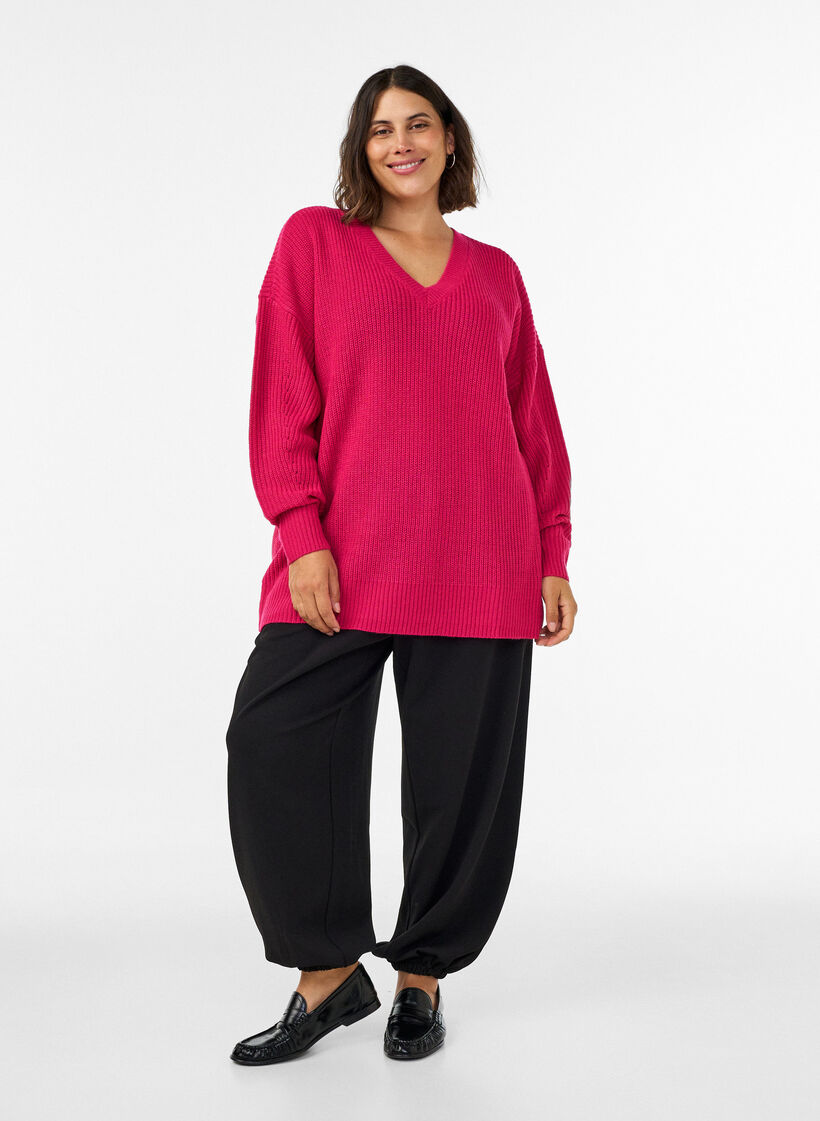 Lange Bluse aus Rippstrick mit V-Ausschnitt, Pink, Model image number 1