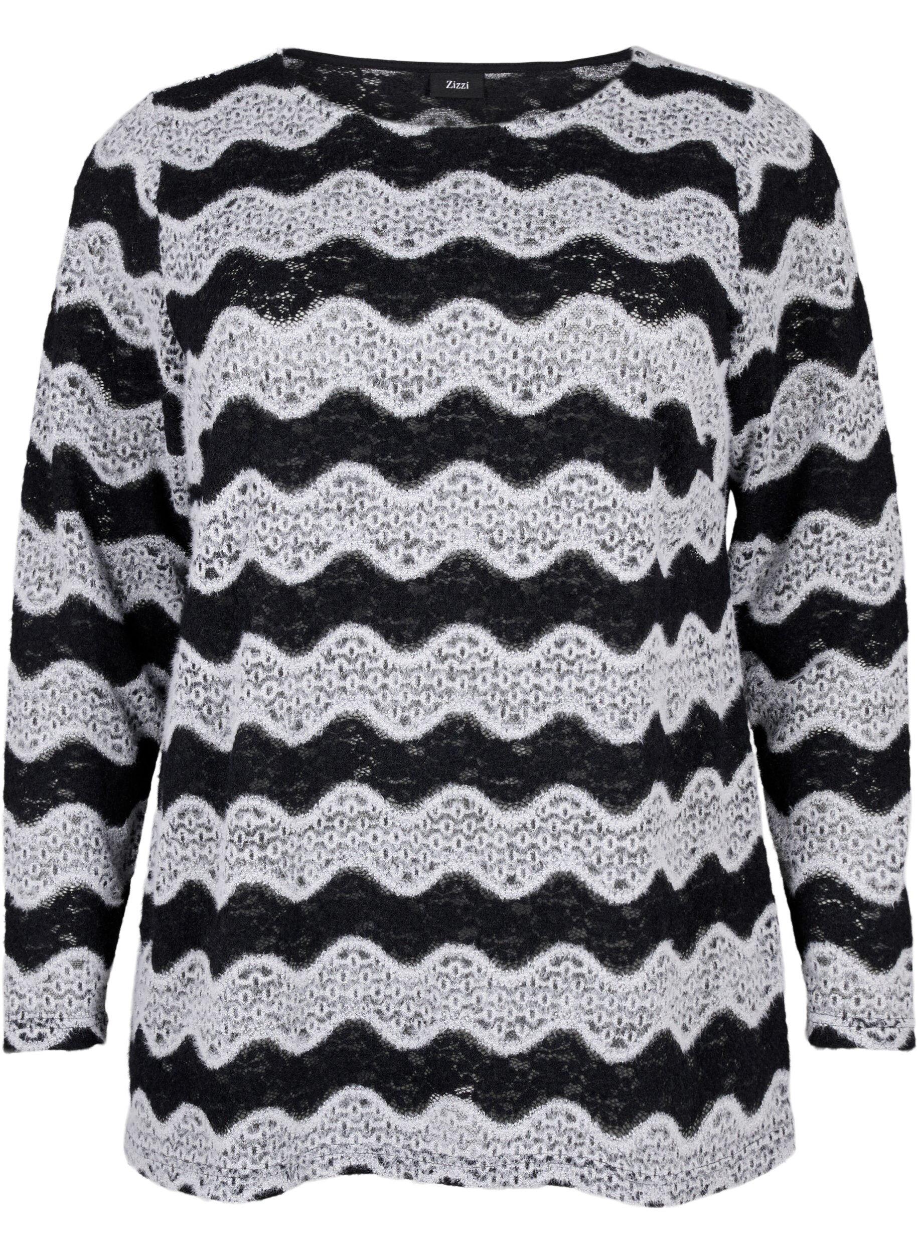 Zizzi  Strickbluse mit Wellenmuster, Black Stripe, Packshot image number 0