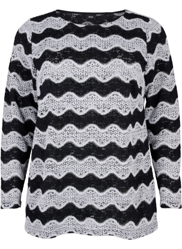 Chemisier en tricot avec un motif de vague, Black Stripe, Packshot image number 0