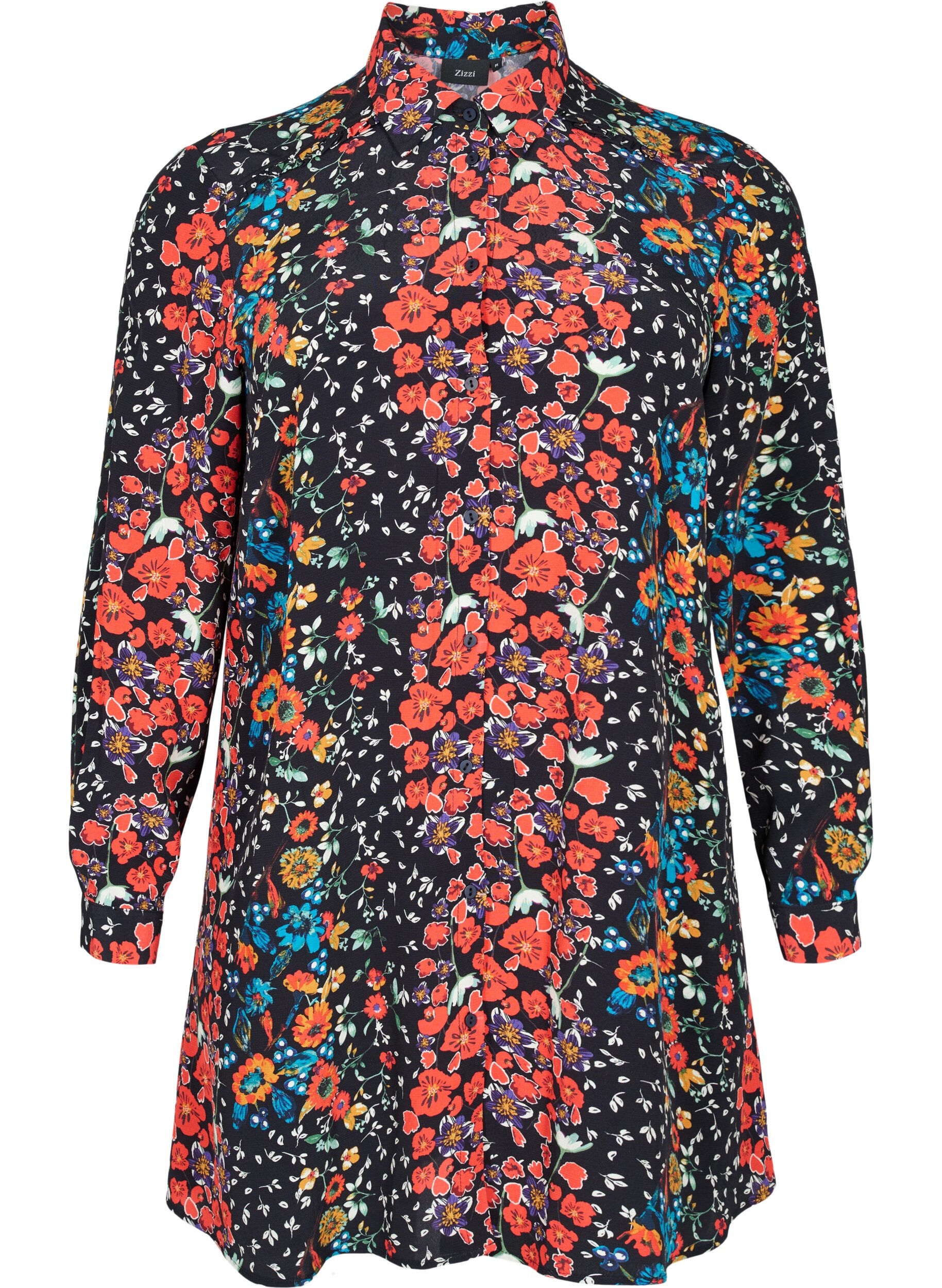 Zizzi Chemise longue en viscose &agrave; imprim&eacute; floral, Black Flower, Packshot image number 0