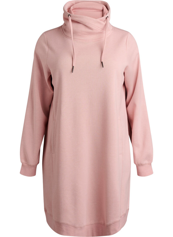 Robe sweat-shirt courte &agrave; col montant et poches, Rose poudr&eacute;e, Packshot image number 0