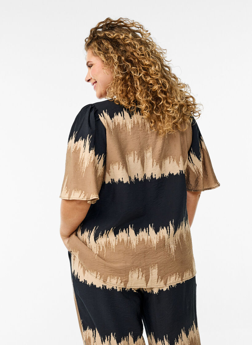 Chemisier à manches larges et à imprimé graphique, Noir, Model image number 2