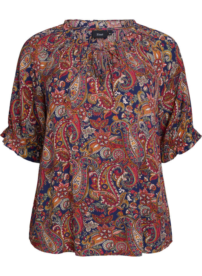 Blouse en viscose à imprimé paisley et manches coudes, Bleu, Packshot image number 0