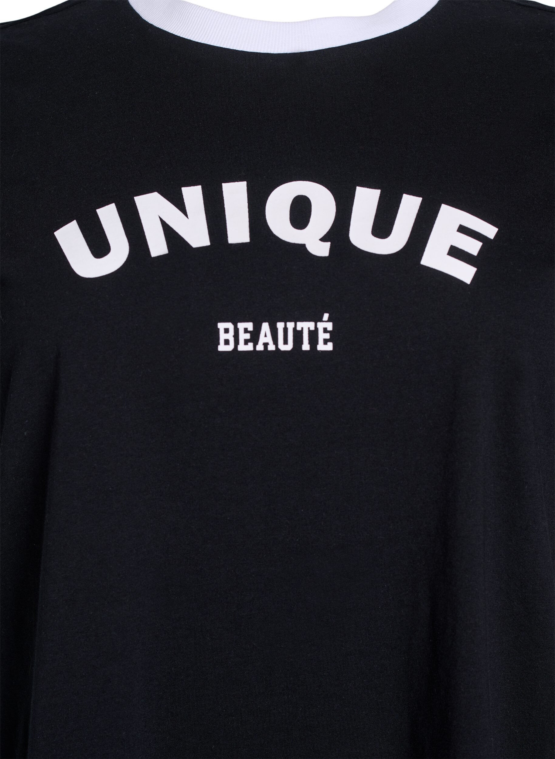 Zizzi T-shirt avec imprim&eacute; de texte et bordure contrast&eacute;e, Noir, Packshot image number 2