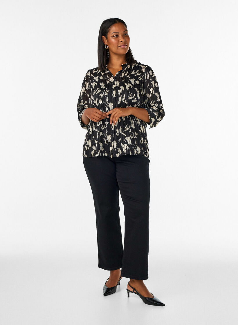 Gemusterte Bluse mit Stehkragen und 3/4-&Auml;rmeln, Schwarz, Model image number 1