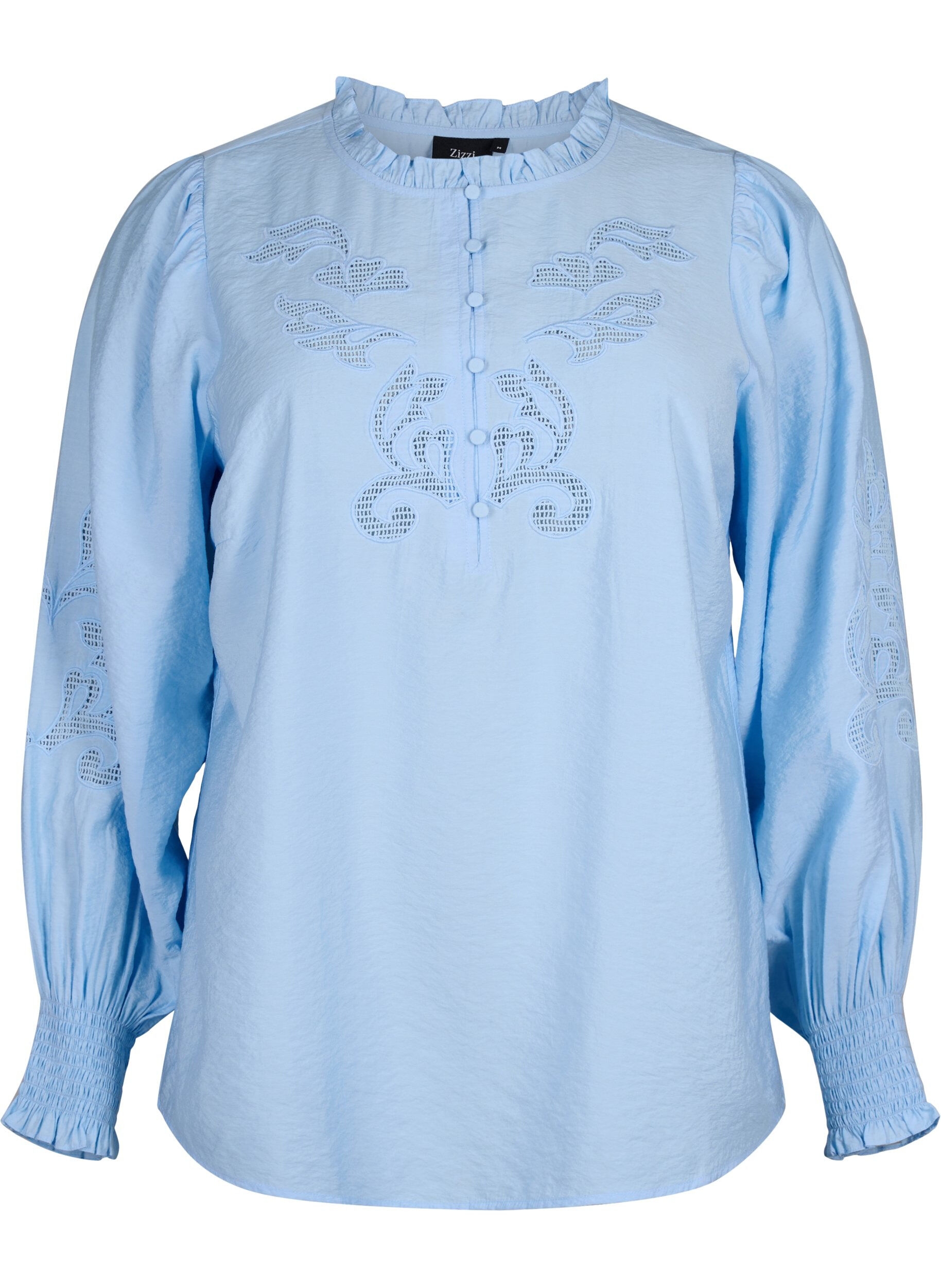 Zizzi Chemisier avec volants et broderie anglaise, Chambray Blue, Packshot image number 0