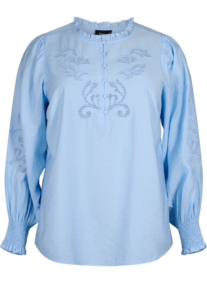 Chemisier avec volants et broderie anglaise, Chambray Blue, Packshot image number 0