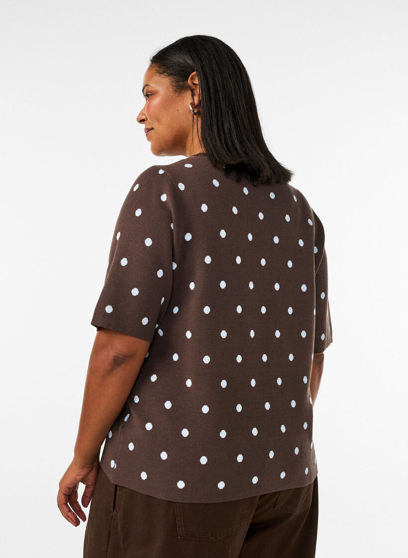 Blouse en maille &agrave; manches courtes &agrave; pois, Marron, Model image number 2