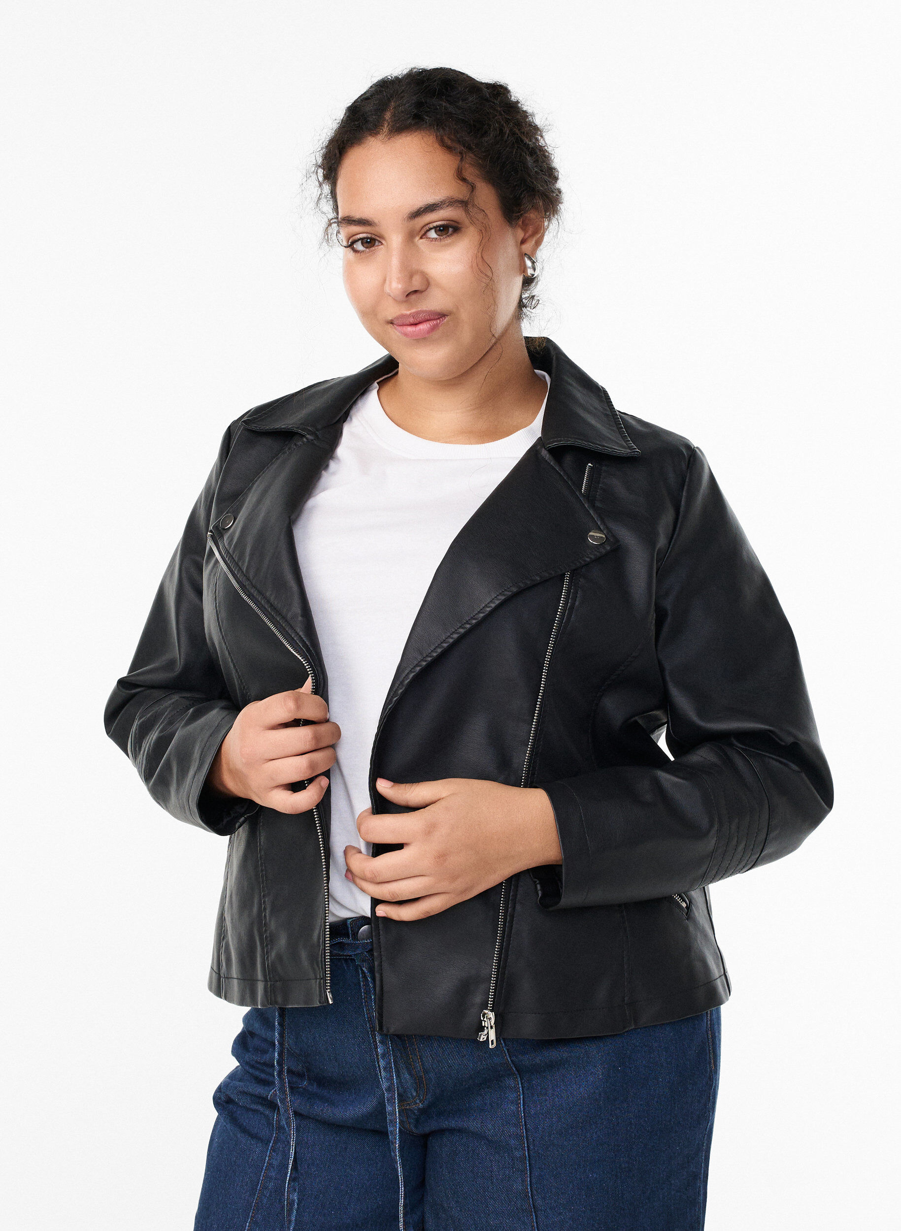 Imitierte Leder Biker Jacke, Schwarz, Model