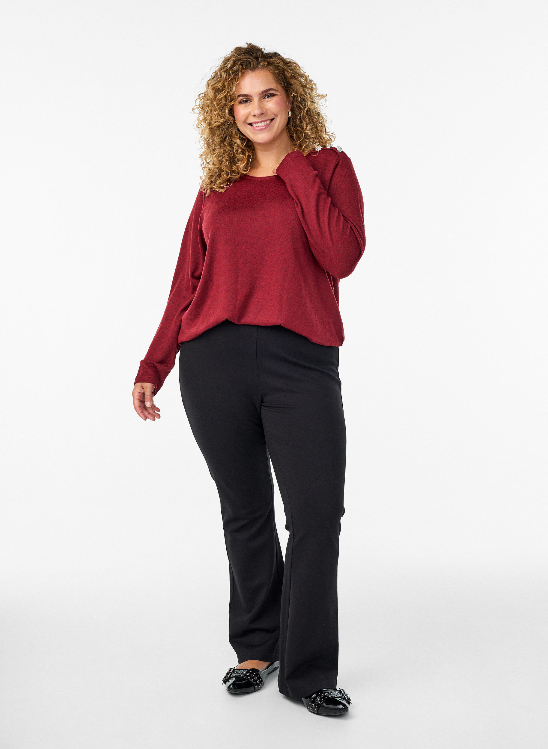 Pantalon bootcut en m&eacute;lange de viscose, Noir, Model