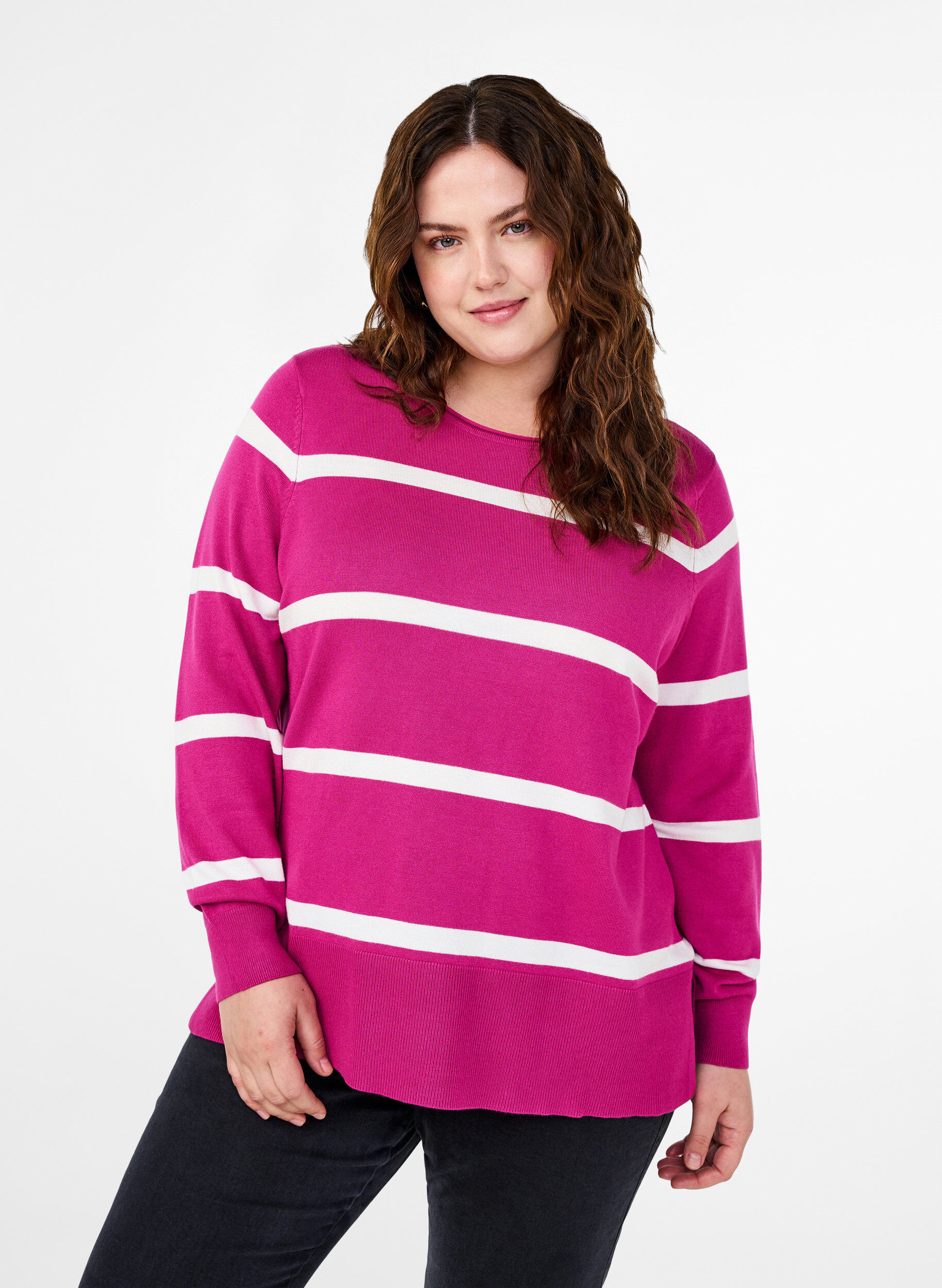 Zizzi Gestrickte Viskosebluse mit Streifen, Pink, Model image number 0
