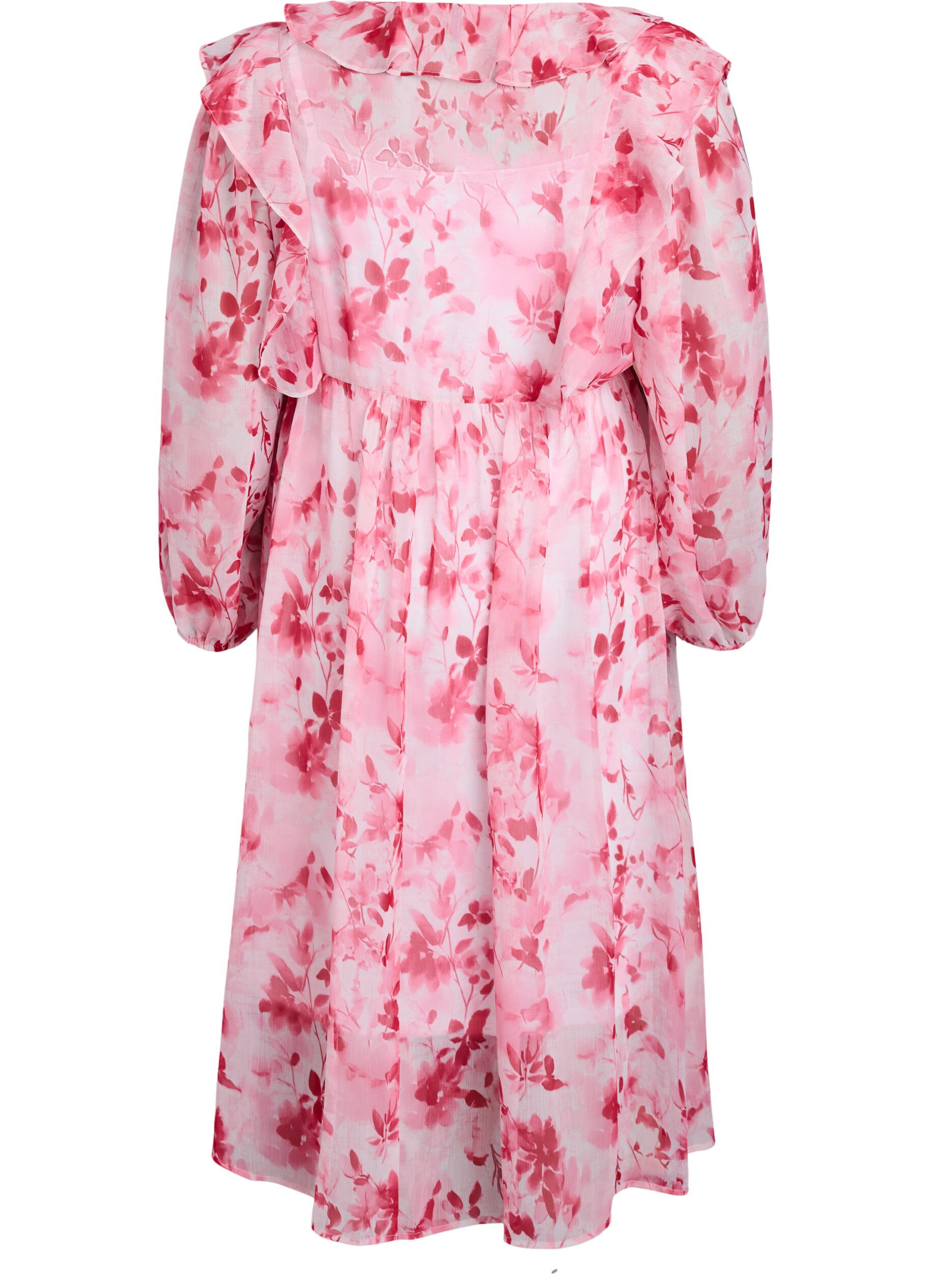 ZizziGebl&uuml;mtes Kleid aus Chiffon mit R&uuml;schen und langen &Auml;rmeln, Pink, Packshot image number 1
