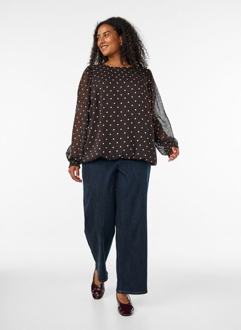 Blouse en mousseline &agrave; pois avec manches transparentes, Marron, Model image number 1