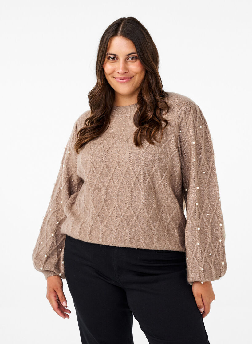 Pull en tricot avec motif et perles, Desert Taupe Mel., Model image number 0