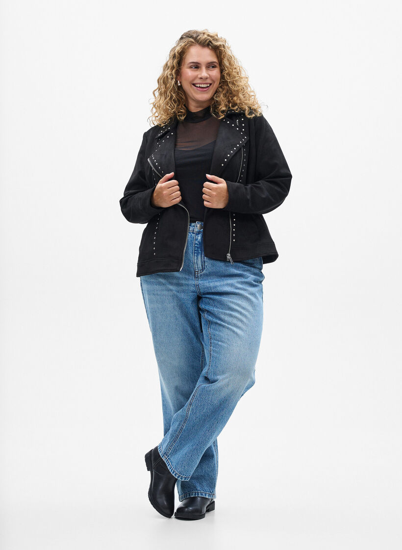 Veste motard en similicuir suédé avec clous, Noir, Model image number 1