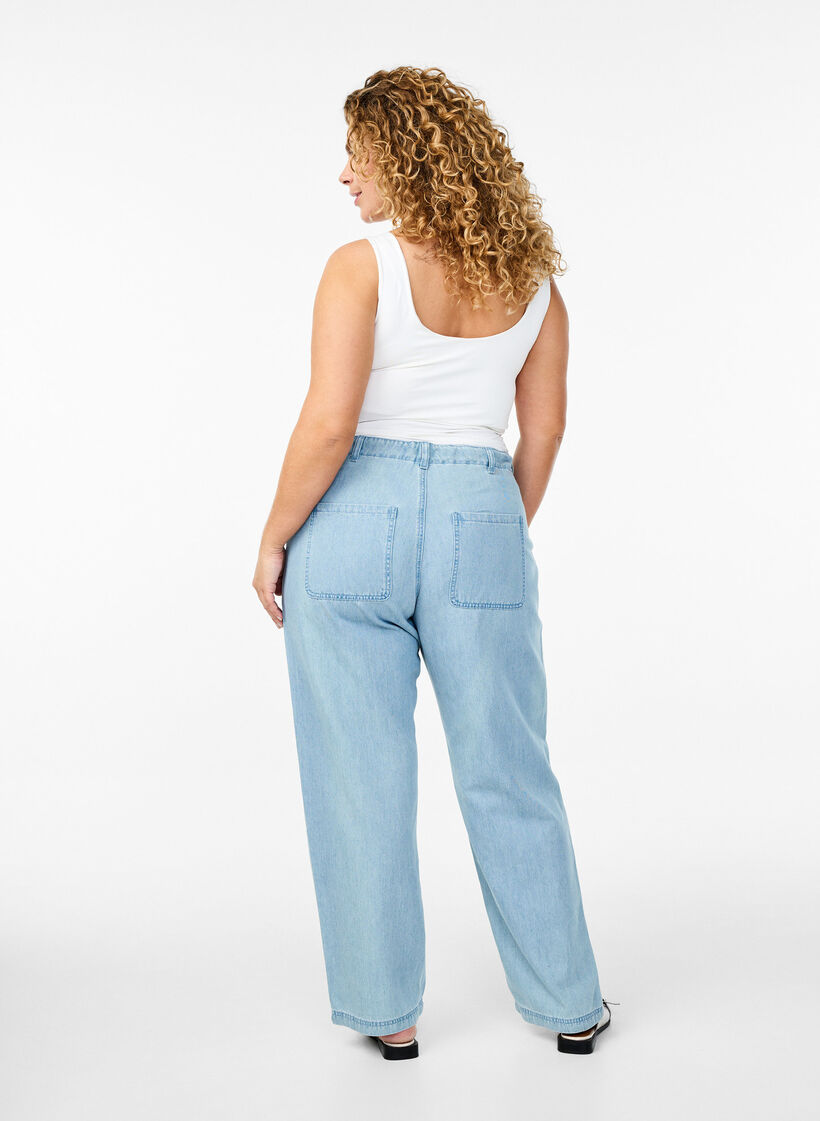 Jean taille haute avec ceinture à nouer, Bleu Clair, Model image number 1
