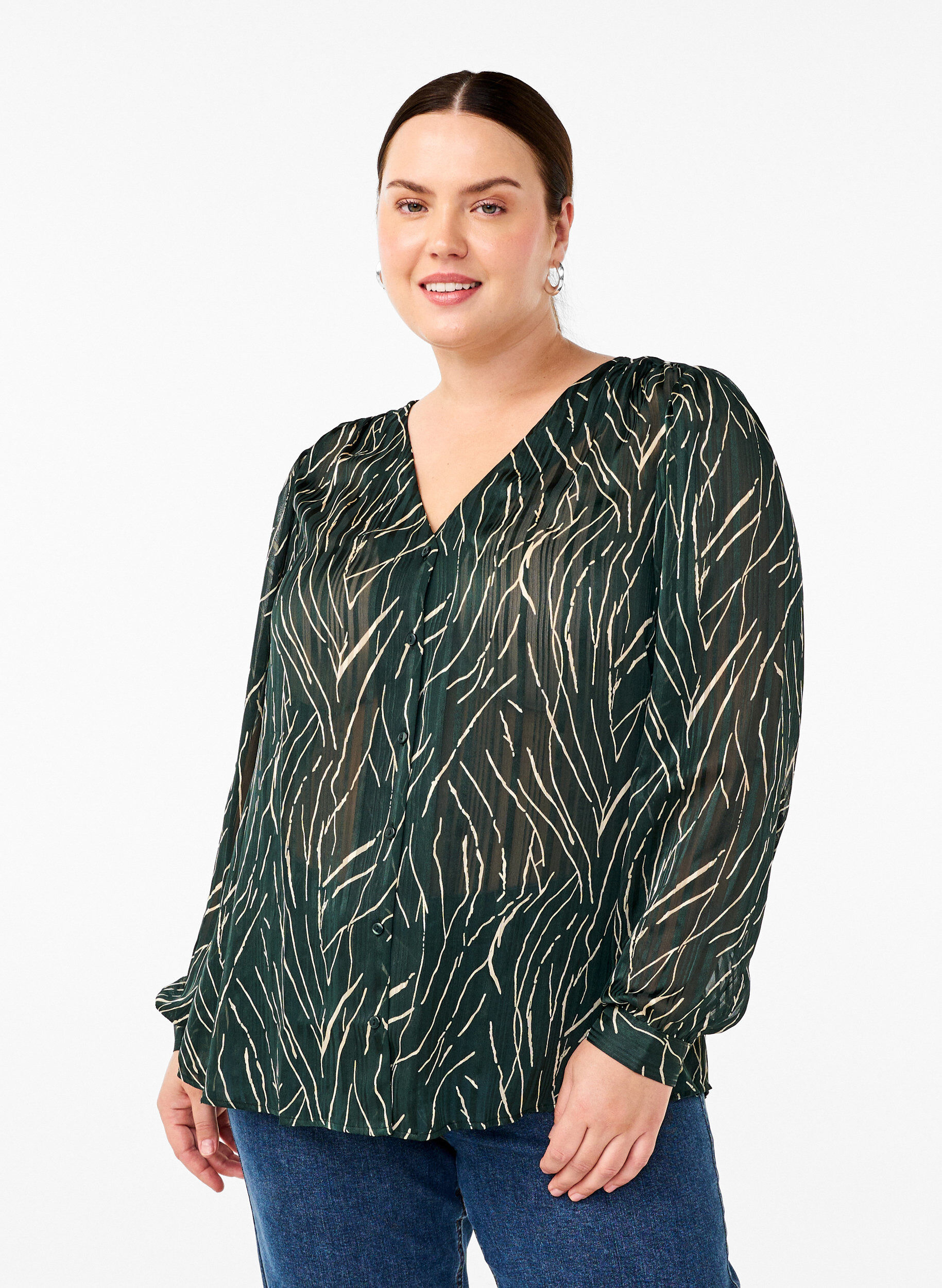 Zizzi Langarmshirt mit Kn&ouml;pfen, Gr&uuml;n, Model image number 0
