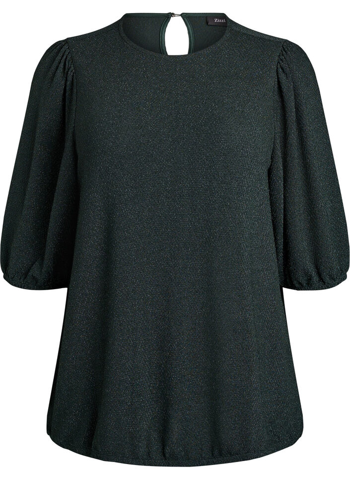 Blouse à motif pailleté et manches 3/4, Vert foncé, Packshot image number 0